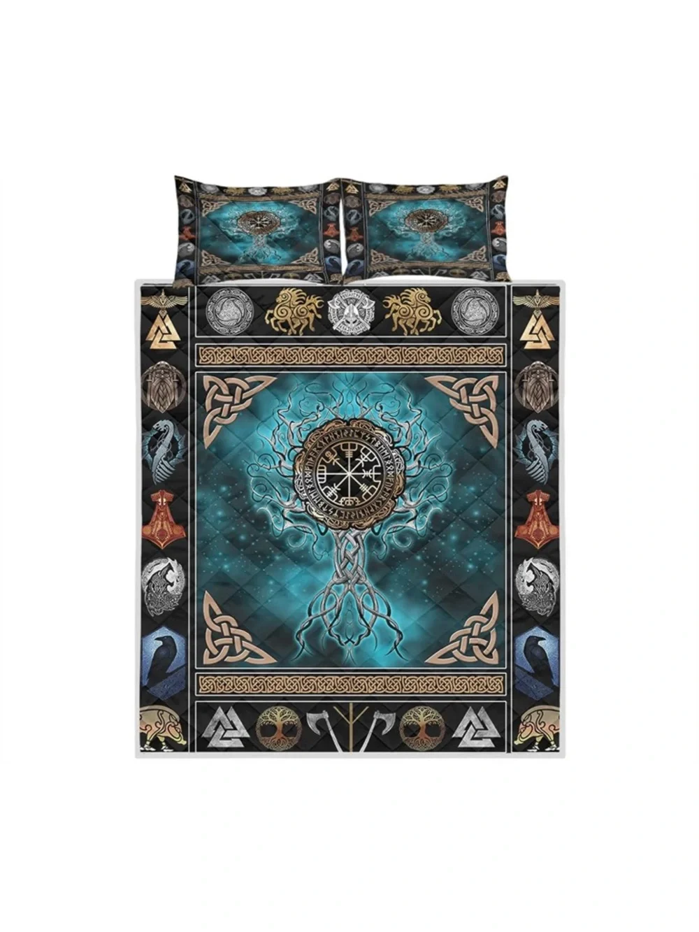 Teal Viking Tree of Life Comforter + 2 Pillow Shams